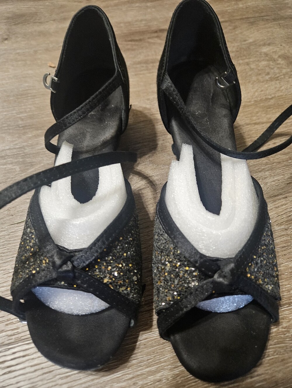 Black Gold Glitter Peep-Toe Ankle Strap Women's Ballroom Dance Shoes
